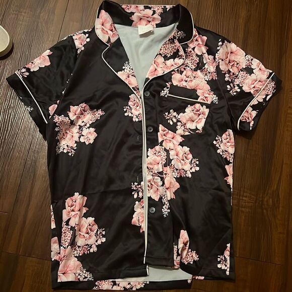 Satin Sleep Shirt - Button Down Floral Top - Picture 1 of 7